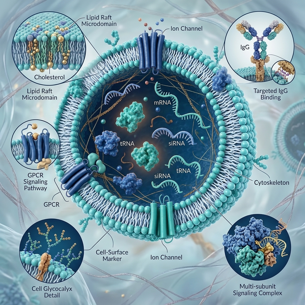 Exosome-mimetic nano-vesicle cross-section showing lipid bilayer, ion channels, GPCR signalling pathways, mRNA/siRNA/tRNA cargo, IgG binding, and glycocalyx detail