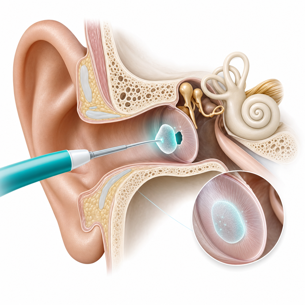 TympanoSeal™ NeoTympanum — catechol-melanin tissue adhesive applied to a perforated tympanic membrane via a minimally invasive in-clinic procedure, showing the ear canal cross-section with cochlea and ossicles